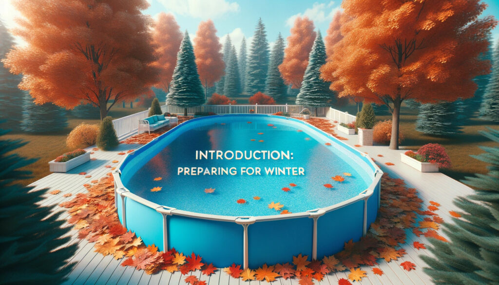 Photo of a clear blue above-ground pool with autumn leaves scattered around it, signaling the approach of winter. 'Introduction_