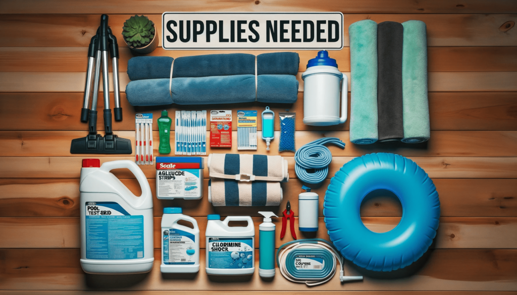 Photo of neatly organized pool winterizing supplies laid out on a wooden table. Items include pool vacuum, test strips, algaecide, chlorine shock, ski